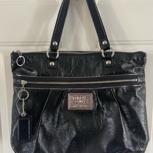 Coach Glossy Black Tote with Silver Details
